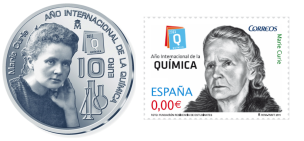 Moneda y sello conmemorativos Marie Curie Fábrica Nacional de Moneda y Timbre